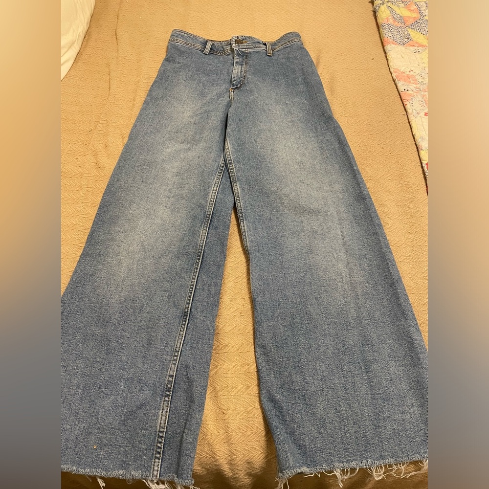 Zara Marine Straight Wide Leg Denim Jeans Size 8 Blue Stretch Hi Rise